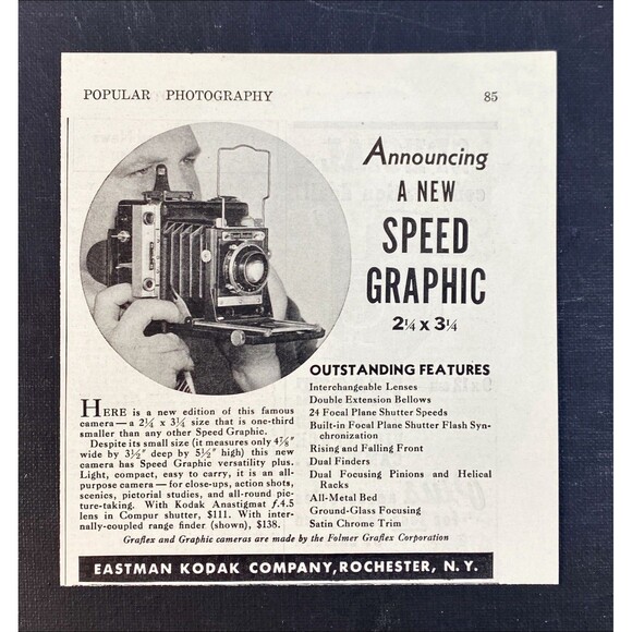 Eastman Kodak Speed Graphic 2.25 x 3.25 Camera " Outstanding" Vtg Print Ad 1938 - Picture 3 of 3